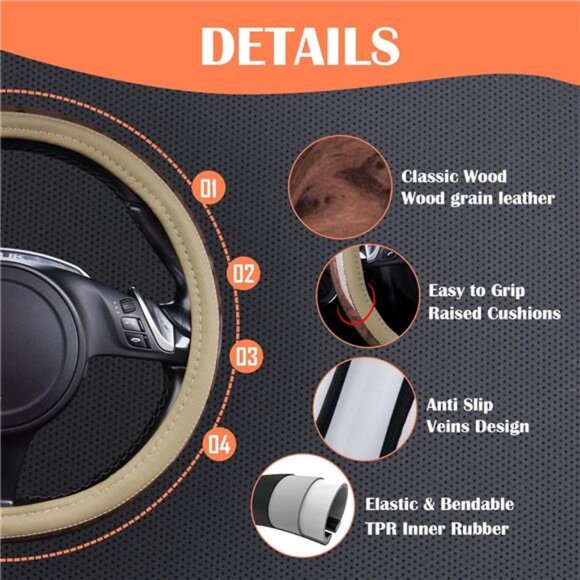 Wood Grain 14.5-15 inch Microfiber Leather Steering Wheel Cover, Anti-Slip - Picture 4 of 7